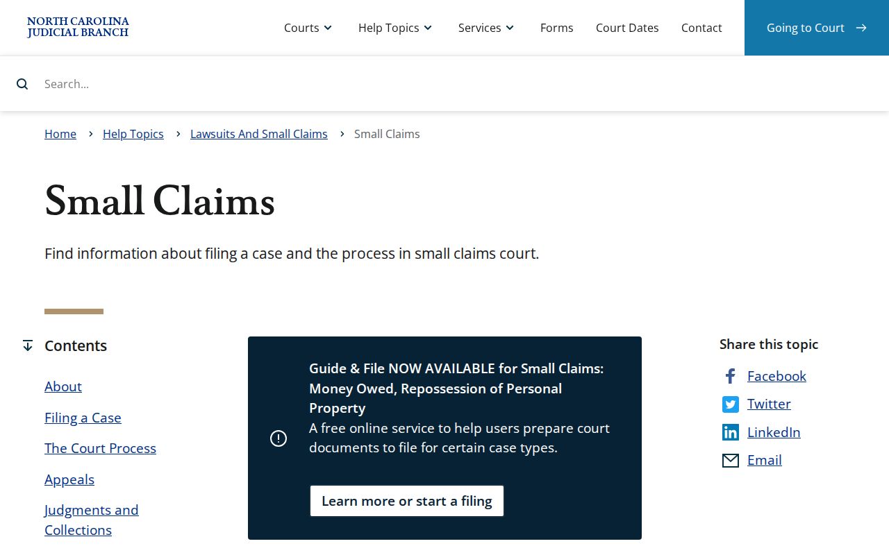 North Carolina small-claims information relevant to Hertford County civil docket access