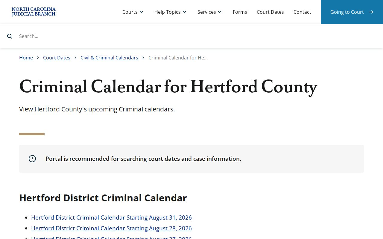 Hertford County criminal calendar source page