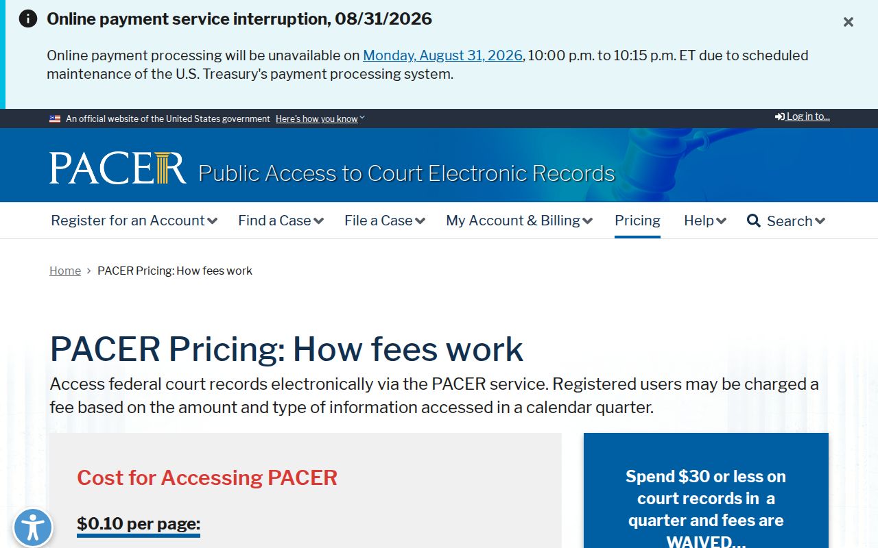 Hertford County court docket PACER pricing information
