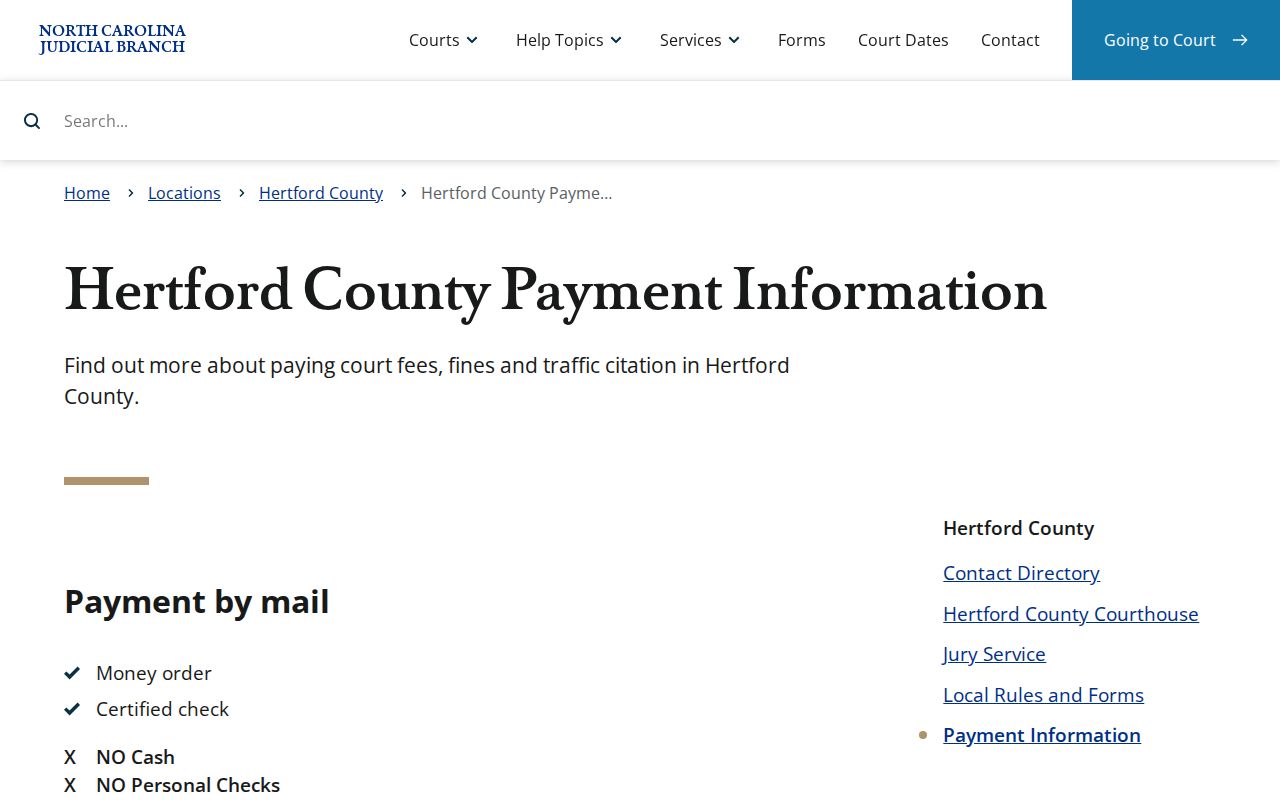 Hertford County traffic court records clerk payment methods and mailing information